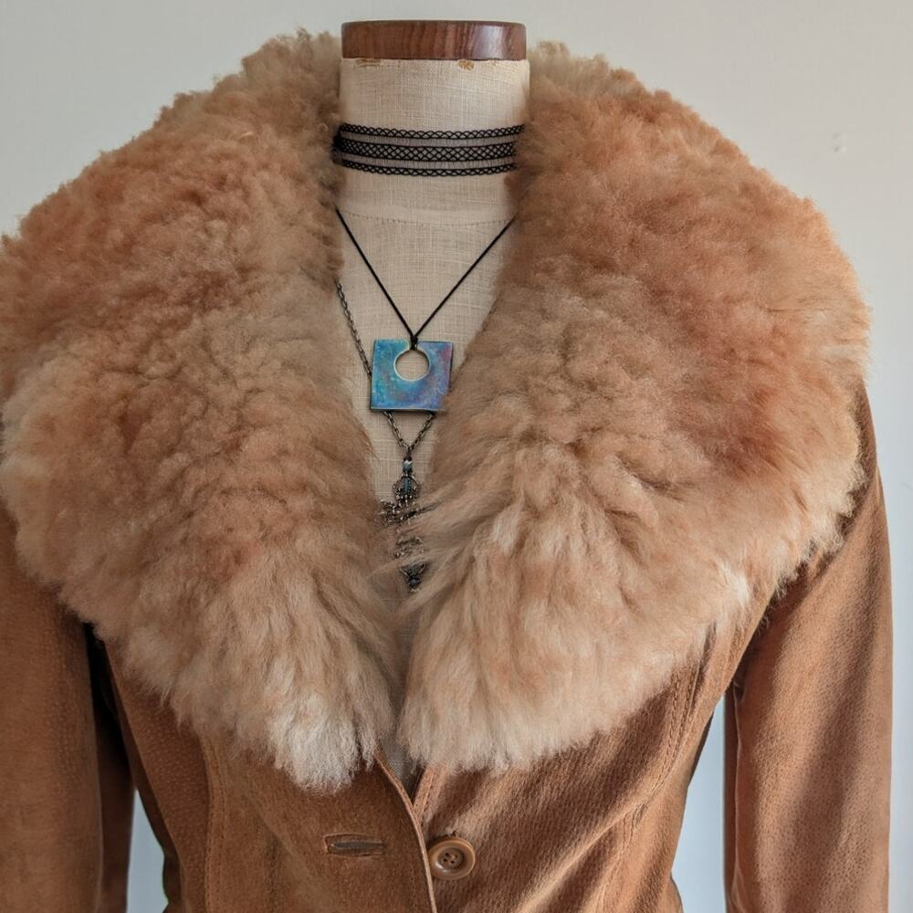 Vintage Brown Leather Coat 70s Suede Penny Lane Jacket Boho Chic Neutral Small - Picture 3 of 10